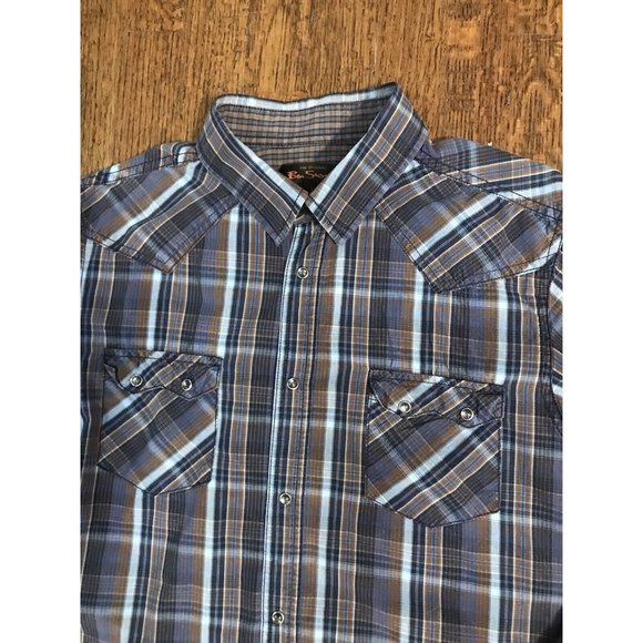 Ben Sherman Shirt Large Brown Blue Plaid Western Cowboy SmokiePearl Snaps Sz L - Picture 4 of 10